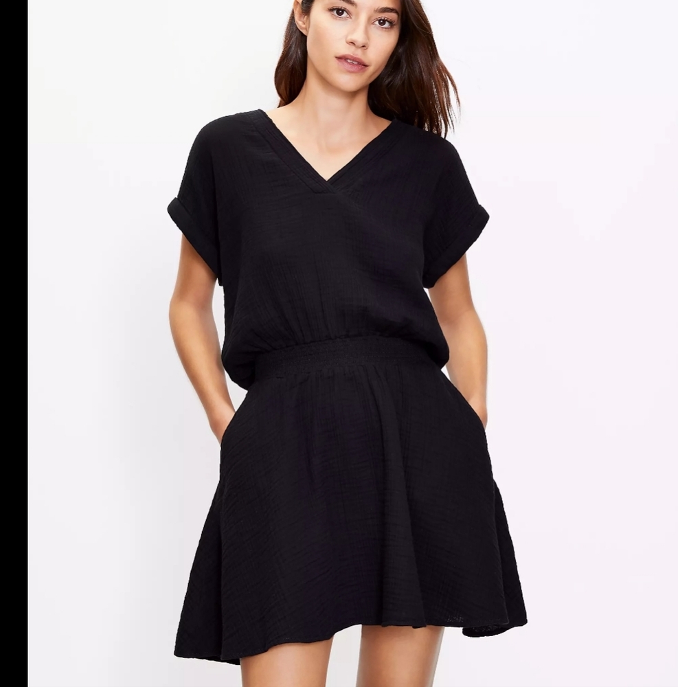 Lou & Grey Triple Cloth V-Neck Pocket Dress Size Medium Black